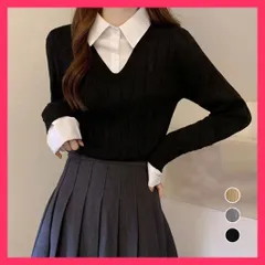 【スタッフおすすめ！】 レイヤード風シャツニットトップス 韓国風 異素材ニットトップ/着やせ長袖ブラウス/おしゃれニットソー レディース 重ね着風 ドッキングニット おすすめ おしゃれ　かわいい　人気 85YN-900434