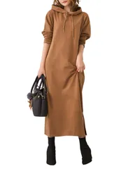 [Four leaf] 【お洒落×小顔効果】 パーカーワンピース ワンピース レディース 秋 秋冬 冬 長袖 マキシ丈 ロング丈 無地 ポケット付き スウェット フード パーカー ロング 体型カバー ゆったり シンプル カジュアル (J [ブラウン] [XL]
