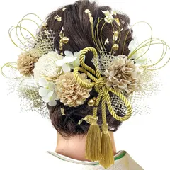 [JZOON] 髪飾り 成人式 髪飾り 9色 ドライフラワー 造花飾り 水引 紐 ヘアーアクセサリー 和玉 かすみ草 金箔 人気 和服 着物 振袖 袴 花 浴衣 成人式 七五三 結納 卒業式 入学式 結婚式 発表会 カーキ T1301