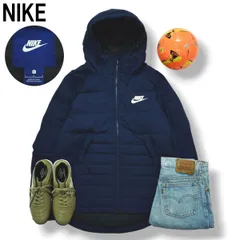 ナイキ NIKE フーデット キルティング ダウン ジャケット ウィンドブレーカー ジャンパー ジップアップ パーカー スウッシュ ロゴ プリント L ネイビー スポカジ メンズ