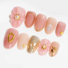 【人気】Sun&Beam Nails 手作り ネイルチップ ミディアム ロング オーバル ラウンド 短め ピンク 金 グリッター 人気 3D おしゃれ 可愛い ハート デザイン つけ爪 付け爪 10枚入 (#77 XS)