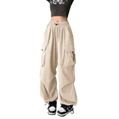 [ReiLuana] カーゴ パンツ 無地 ズボン ウエスト ゴム レディース ワーク ワイド ゆったり 人気 可愛い お洒落 イージー ポケット 大きい サイド 多機能 紐付き 長ズボン ロング 作業服 サルエル サバゲー 速乾  [アプリコット] [XL]