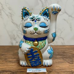 【瀬戸焼】招き猫 開運 ゴージャス猫 青 デコ クリスタル 貯金箱  左手 置物 縁起物 Seto Ware Maneki Neko Lucky Cat Gorgeous Piggy Bank