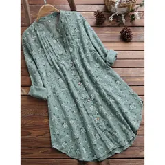 ☆ グリーン ☆ 2XLサイズ ☆ ブラウス トップス ロング 春夏秋 kblouse25 ブラウス チュニック レディース 長袖 ロングシャツ シャツワンピース ワンピース カーディガン シャツ 大きいサイズ ライトアウター 前開き ゆったり 花柄 かわいい