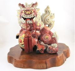 ◇九谷焼 金彩 打ち出の小槌乗り獅子 狛犬 置物 魔除け 縁起物 風水