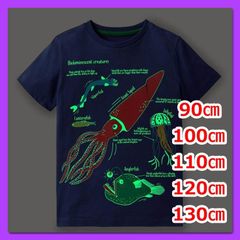 半袖 tシャツ キッズ 光る半袖シャツ 子ども服 90㎝ 100㎝ 110㎝ 120㎝ 130㎝ 深海魚 ダイオウイカ アンコウ クラゲ 男の子 女の子 男女兼用 蓄光 暗闇で光る！ 海洋生物 コットン１００％ 綿１００％ Uネック 透けない ネイビー 紺色