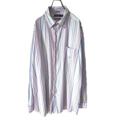 NAUTICA メンズ XLサイズ マルチストライプ 長袖シャツ 80's Two-Ply Cotton 刺繍ロゴ入り胸ポケット付き