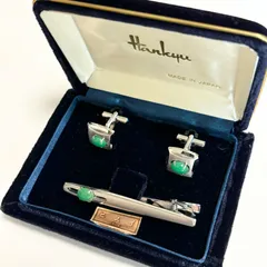 【送料無料】カフスセット/カフリンクス/ネクタイピン/ヒスイ/翡翠/天然石/日本製/シルバー/グリーン/アクセサリー/メンズ/紳士/スーツ/中古品/箱付き