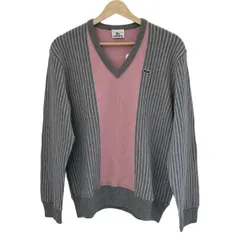 Lacoste(ラコステ) 長袖セーター サイズ5 XL メンズ - グレー×ピンク×ライトグレー Vネック/ストライプ