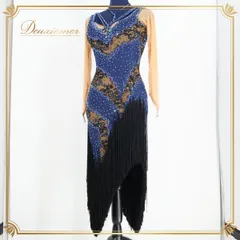 【美品 日本製 社交ダンス衣装】ネイビー Chacott チャコット ラテン ドレス ワンピース 紺色 高級感 上品 デモ 競技用 綺麗 きれいめ 豪華 かわいい 大人っぽい シック ブラック 黒 キラキラ スカート セクシー ダンス ダンスウェア おしゃれ