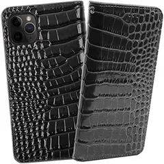 ReZuell クロコダイル x 牛革 Pro Max apple . 手帳型 レザー ケース iphone 11proMax( ブラック,  iphone11pro MAX)