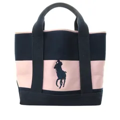 ラルフローレン RALPH LAUREN ポニーロゴ刺繍 ハンドバッグ ミニトートバッグ キャンバス ボーダー 紺 ネイビー ピンク