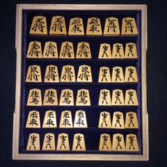 若水作・魚龍一字彫・三玉仕立て・彫埋め・薩摩黄楊将棋駒・桐製