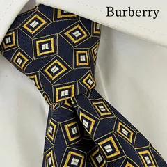 《美品》Burberry (バーバリー) シルクネクタイ 総柄 幾何学模様 馬 騎士のロゴ エクエストリアン・ナイト・ロゴ スクエア ネイビー イエロー