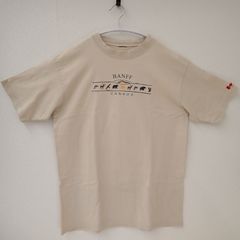 古着　BANFF CANADA BANNFU　バンフカナダ　メンズロゴTシャツ　ベージュ系　LLサイズ位　動物プリント　カナダ国旗