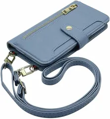 【訳アリ】iPhone16 Plus アイフォン16プラス 対応 スマホショルダー 手帳型 スマホ ケース (手帳ブルーグレー)くすみカラー ニュアンスカラー 斜めがけ ストラップ 付き カード収納 PUレザー 小銭入れ 財布型 ジッパー