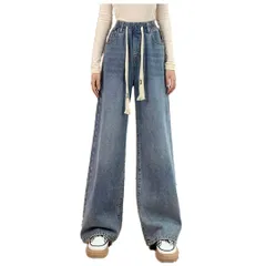 Size:S [UQQA] ウエストゴム ワイド ジーンズ デニムパンツ レディース ハイウエスト ゆったり オールシーズン ダボパン 長ズボン インディゴブルー ルーズフィット ワンウォッシュ 細く見える ボトムス ボタンフライ ダンス衣装 柔らかい 大人か