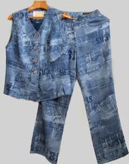 伊太利屋 GK コレクション　レディース ベスト・パンツ セットアップ  11/9号 デニム ジーンズ柄 プリント キラキララインストーン  ややストレッチ素材　軽い！ 上下セット