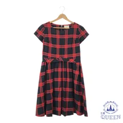 ☆美品☆ ef-de エフデ ワンピース ラウンドネック 半袖 ひざ上 ミニ フレア 後ろファスナー ガーリー チェック レディース ブラック レッド 9 日本製 901-16563 送料無料 古着