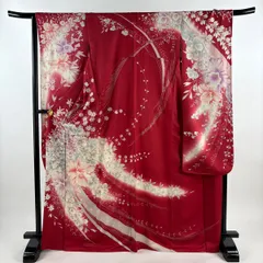 振袖 身丈170cm 裄丈66.5cm M 袷 草花 幾何学模様 金銀彩 ぼかし 茜色 正絹 秀品 【中古】