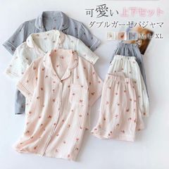 ガーゼ パジャマ レディース ルームウェア 夏 半袖 短パン ショートパンツ モモ柄  総柄 部屋着 セットアップ 2点セット 寝間着 寝巻き 上下セット 前開き 可愛 zzr0630708ec61