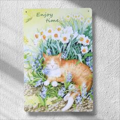 ブリキ看板 A003 猫 ねこ ネコ パネル 看板 壁掛け 猫好き インテリア雑貨 花 フワラー ペット 猫カフェ ペットショップ プレート 玄関 庭 ウエルカムボード デザインプレート ブリキプレート 薄型 軽量 カフェアクセント 装飾 おしゃれ