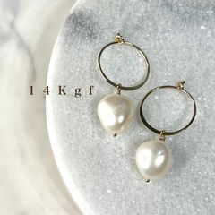 14Kgf／K14gfバロックパールフープピアス 大粒／リングピアス イヤリング