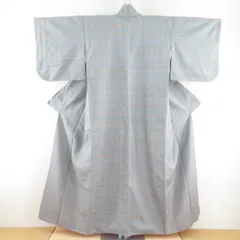 紬 着物 琉球花織 格子文様 浮き織 袷 広衿 灰色 正絹 カジュアル着物 仕立て上がり 身丈153cm