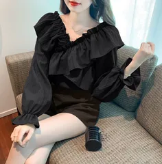 黒 ブラック フリル ブラウス 長袖 シャツ トップス レディース 体型カバー 華奢見え 韓国風 フェミニン 春 秋 冬 デート 通勤 オフィス カジュアル [1067]