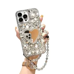 CrazyLemon 適用 iPhone 13 Pro Max ケース かわいい キラキラ クリア ラインストーン おしゃれ ハート形 ミラー デザイン スタンド付き ストラップ付き 可愛い 贅沢 豪華 レディース 女性 人気 アイフォン13プロマックス  1