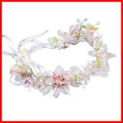 【特価商品】結婚式 ヘアアクセサリー 花冠 クリスタルビーズ ヘッドドレス ホワイト リボン 花かんむり パール 花 髪飾り サムコス