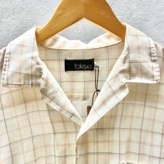 80’s   オープンカラーシャツ　半袖シャツ　開襟シャツチェック柄　クリームイエロー　L
