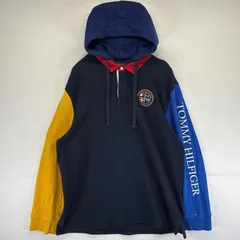 古着 トミーヒルフィガー TOMMY HILFIGER 長袖 ラガーシャツ フーディ ワッペン パーカー 大きいサイズ 袖ロゴプリント XXL マルチカラー メンズ