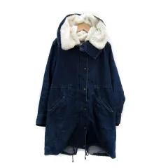 グローブ grove デニムモッズコート ミリタリーコート ロング丈 フード付き ライナー付き フェイクファー ジップアップ M 紺 ネイビー /SY26