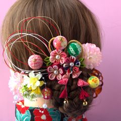 ❁つまみ細工ピンク系＆水引下がり付き和装髪飾りセット ❁和装・着物・浴衣・卒園式・卒業式・七五三・つまみ細工・和玉・水引・ハンドメイド・ハンドメイドアクセサリー・記念日・行事