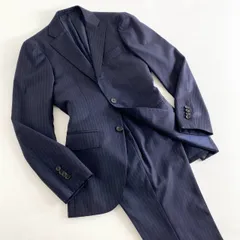 31i23 SHIPS シップス ロロピアーナ生地 4シーズン Super130's オーダー品 セットアップ 3ボタン シングルスーツ ジャケット パンツ ストライプ Sサイズ相当 ネイビー ウール メンズのサムネイル