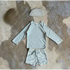 ☆ カモメ×スモークブルー ☆ 90cm ☆ ベビー キッズ 水着 セパレート 帽子付き UVカット gsw6041 子供 水着 男の子 ラッシュガード スイムウェア 長袖 上着 ベビー水着 おしゃれ 短パン 半ズボン トランクス セパレート 紫外線対策