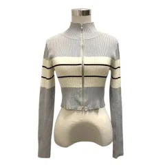 フーズフーチコ who's who Chico カットソー フロントジップ リブ ライン ショート丈 長袖 F グレー 白 ホワイト 黒 ブラック