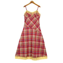 キャミワンピース チェック フレア レース スカラップ コットン M 赤 レッド マルチカラー 美品
