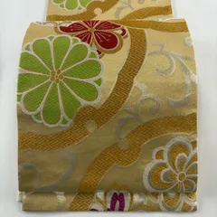 袋帯 美品 秀品 振袖向き 雪輪 花 金糸 箔 金色 六通 正絹 【中古】