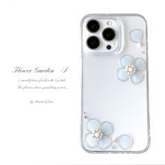 【mariaglace】Google Pixel9 Pixel9pro Pixel8a Pixel8 FlowerGarden S ライトブルー スマホケース クリア お花 可愛い キラキラ ハードケース 透明 スマホカバー 