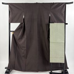 小紋 身丈163.5cm 裄丈65.5cm M 袷 名古屋帯セット 紬地 ドット柄 焦茶色 正絹 美品 名品 【中古】