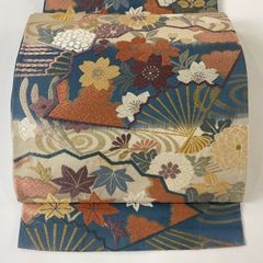 袋帯 秀品 花扇 流水 唐織 箔 青灰色 六通 正絹 【中古】