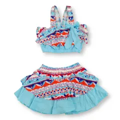 [Lezalic] 子供 水着 (ブルー L) ワンピース キッズ スイムキャップ 付き 女の子 フリル セパレート スイムウェア プール 海水浴 浮き輪 水泳 スタイル 姫 ヒップ ソール 引き裾 ビーズ ビジュー フィッシュ ヘ [ブルー(L）] [84]