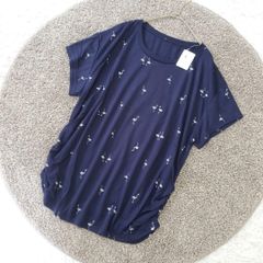 カジュアル夏トップス（L）フラミンゴ柄クルーネックギャザー半袖Tシャツ