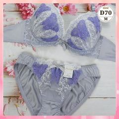 ★D70/M☆美胸ブラ＆ショーツセット 丸胸 ビッグバタフライ＆リーフ シルバー