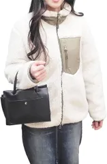 WEARBIE ウェアビー 男女兼用 ボア ジャケット アウター フリース もこもこ 大きいサイズ カップル レディース カジュアル フルジップ ぼあ あったかい 秋冬 冬服 防寒 厚手 シープボア オーバーサイズ(アイボリーxカーキ,  S)