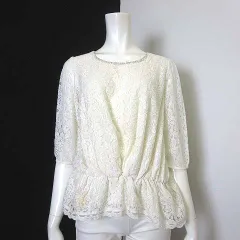 エフデ ef-de カットソー ペプラム 花柄 レース シフォン シアー ビジュー衿 7分袖 M 9 オフ白 アイボリー
