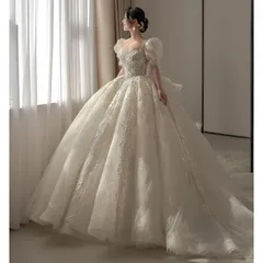 ❤️ウェディングドレス ウエディングドレス パフスリーブ 二次会 結婚式 前撮り ブライダル ロングドレス 花嫁 プリンセスドレス プリンセスラ