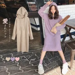 秋冬 ワンピース スリット リブニット おしゃれ 垢抜け フード カジュアル
